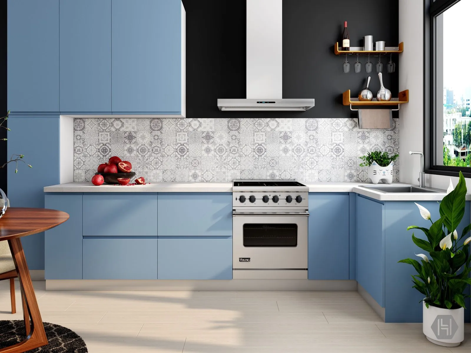 Modular kitchen with powder-blue cabinetry and patterned backsplash - modular kitchen design in Bangalore